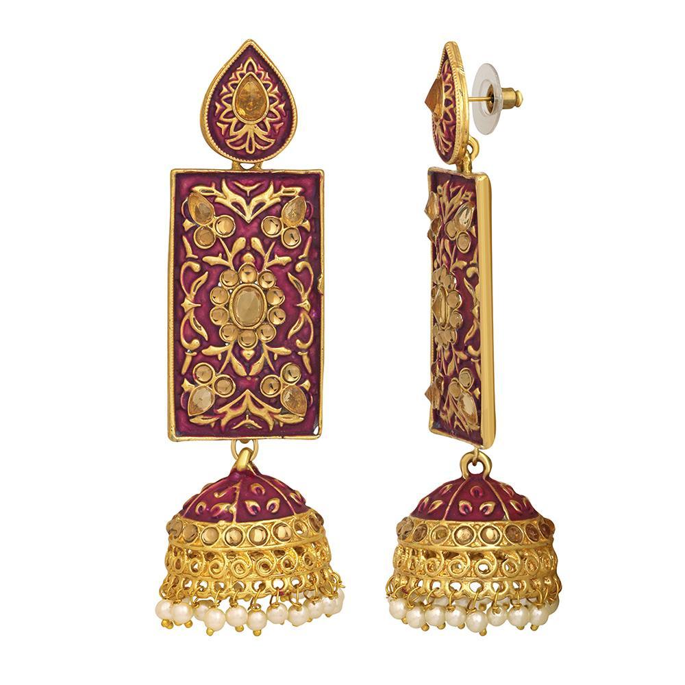 Mahi Maroon Meenakari Work Enamelled Rectangular Dangle Jhumka Earrings with Artificial Pearl for Women (ER1109714GMrn)