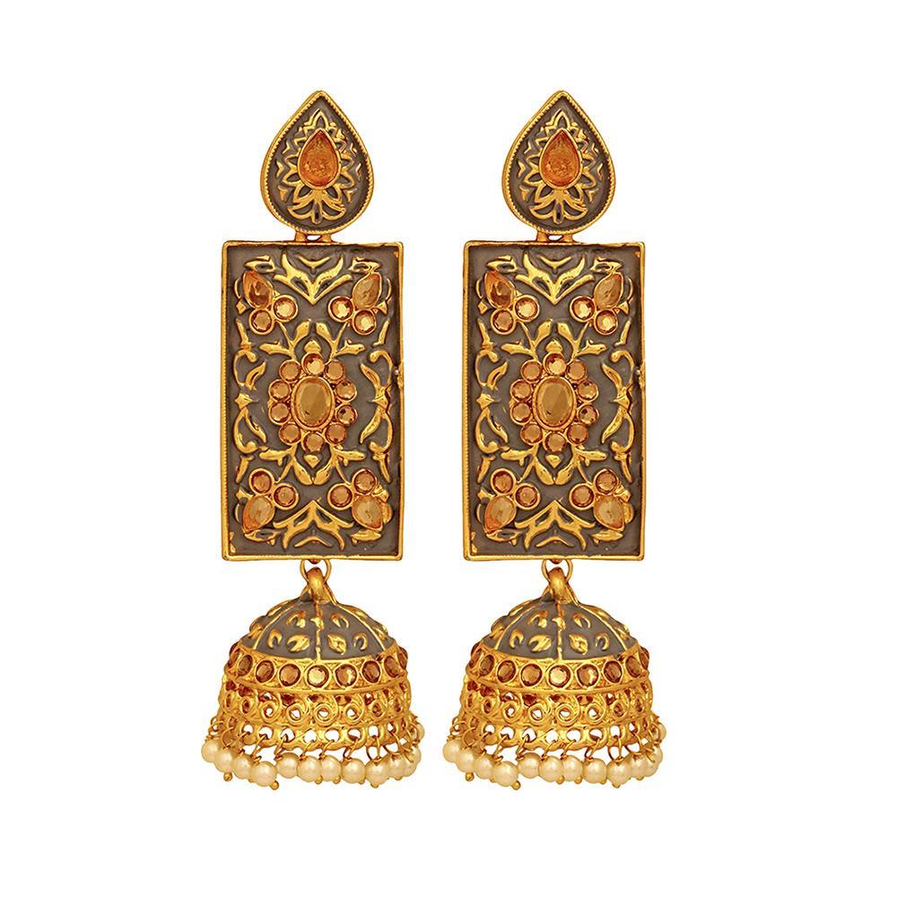 Mahi Brown Meenakari Work Enamelled Rectangular Dangle Jhumka Earrings with Artificial Pearl for Women (ER1109715GBro)