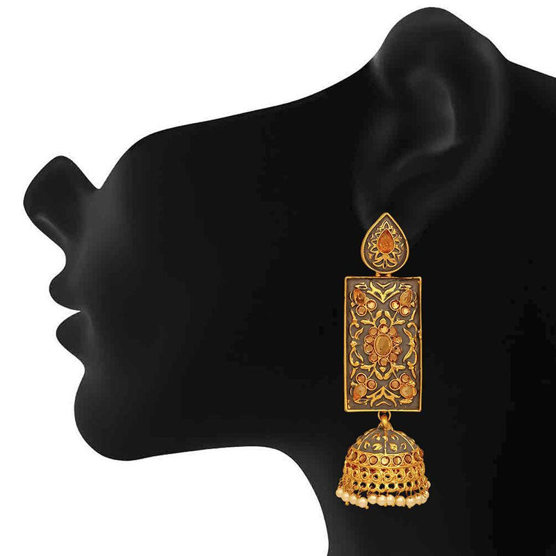 Mahi Brown Meenakari Work Enamelled Rectangular Dangle Jhumka Earrings with Artificial Pearl for Women (ER1109715GBro)