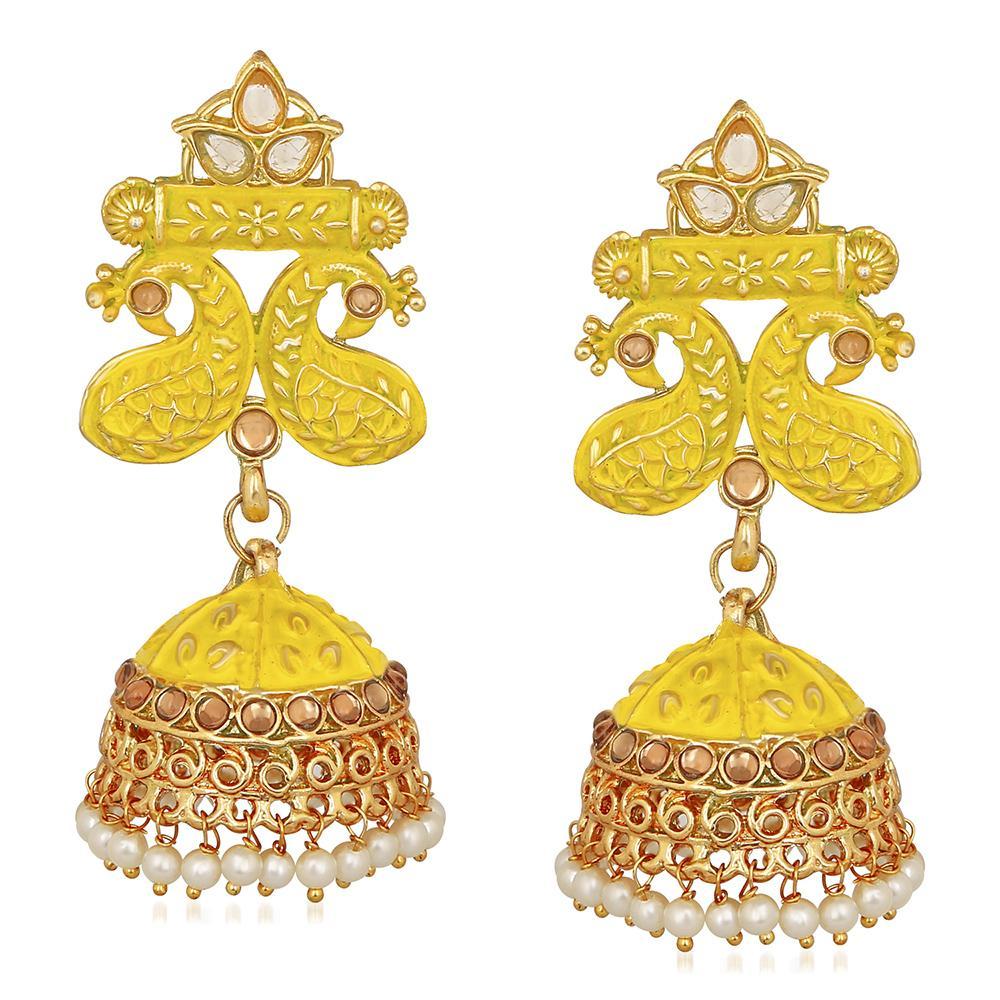 Mahi Traditional Yellow Meenakari work Peacock Jhumki Earrings with Artificial Pearls for Women (ER1109725GYel)