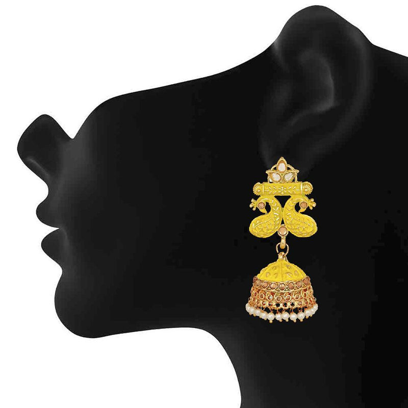 Mahi Traditional Yellow Meenakari work Peacock Jhumki Earrings with Artificial Pearls for Women (ER1109725GYel)