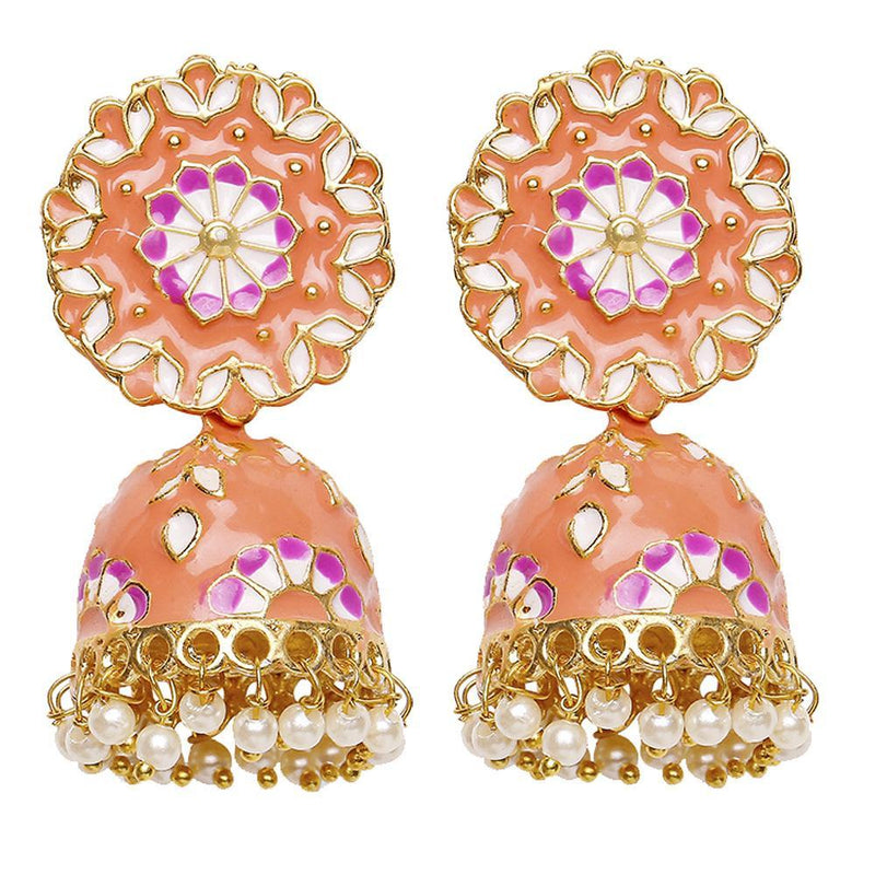 Mahi Carrot Pink Classic Meenakari Enamelled Artificial Pearl Jhumka Earrings for Women (ER1109730GCrt)