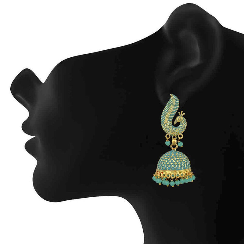 Mahi Gold Tone Blue Meenakari work Blooming Peacock Shaped Jhumki Earrings with Artificial Pearl for Women (ER1109735GBlu)