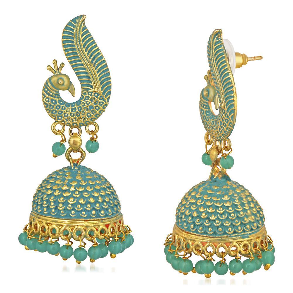 Mahi Gold Tone Blue Meenakari work Blooming Peacock Shaped Jhumki Earrings with Artificial Pearl for Women (ER1109735GBlu)