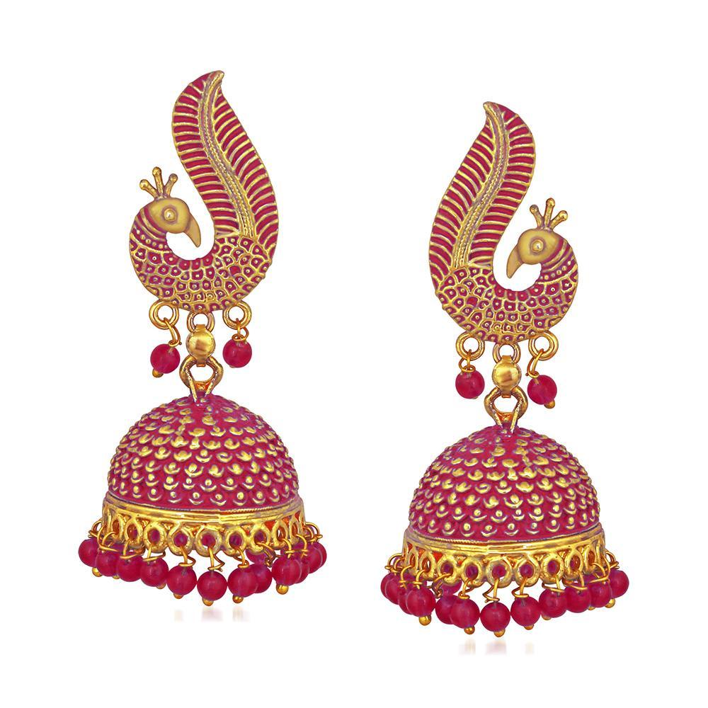 Mahi Gold Tone Pink Meenakari work Blooming Peacock Shaped Jhumki Earrings with Artificial Pearl for Women (ER1109736GPin)