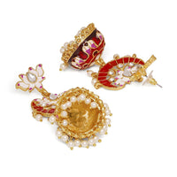 Mahi Red Meenakari Work Enamelled Lotus Shaped Artificial Pearl and Crystal Dangle Jhumka Earrings for Women (ER1109739GRed)