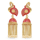 Mahi Red Meenakari work Peacock Shaped Tassel Chain Jhumki Earrings with Artificial Pearl for Women (ER1109740GRed)