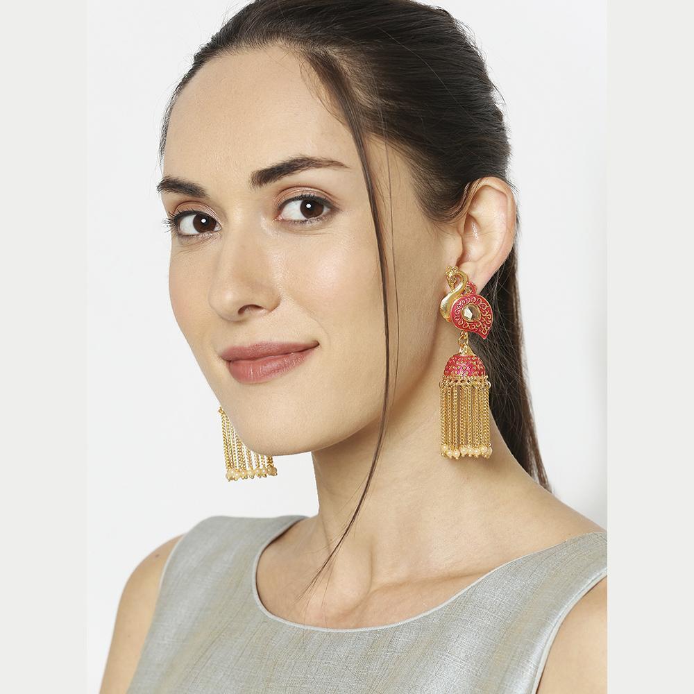 Mahi Red Meenakari work Peacock Shaped Tassel Chain Jhumki Earrings with Artificial Pearl for Women (ER1109740GRed)