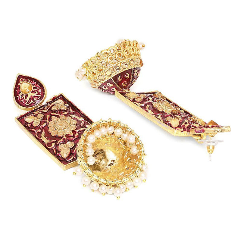 Mahi Red Meenakari Work Enamelled Rectangular Dangle Jhumka Earrings with Artificial Pearl for Women (ER1109742GRed)