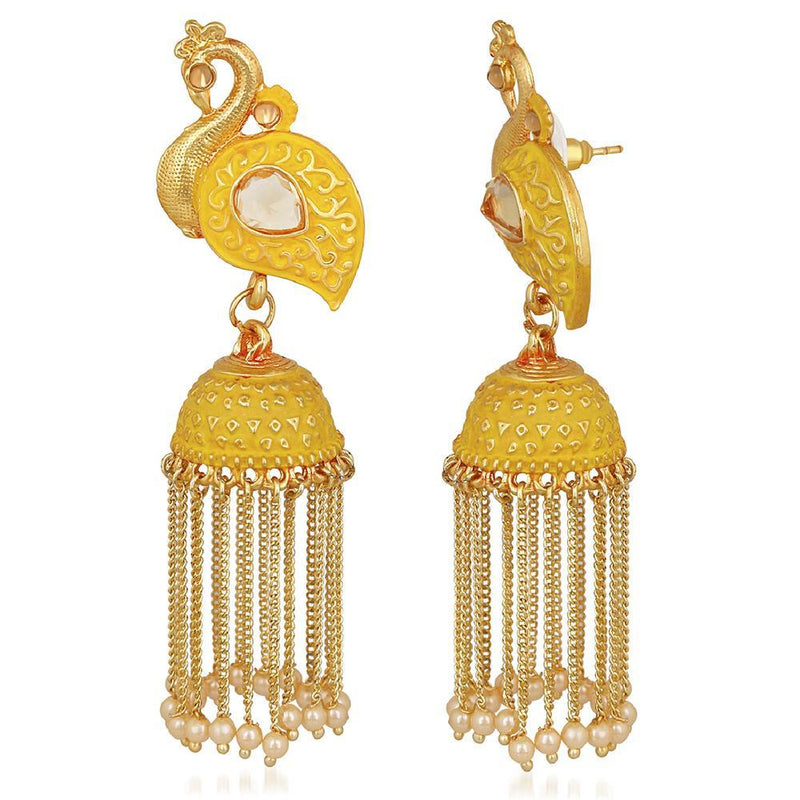 Mahi Yellow Meenakari work Peacock Shaped Tassel Chain Jhumki Earrings with Artificial Pearl for Women (ER1109744GYel)