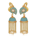 Mahi Blue Meenakari work Peacock Shaped Tassel Chain Jhumki Earrings with Artificial Pearl for Women (ER1109745GBlu)