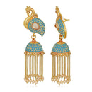 Mahi Blue Meenakari work Peacock Shaped Tassel Chain Jhumki Earrings with Artificial Pearl for Women (ER1109745GBlu)