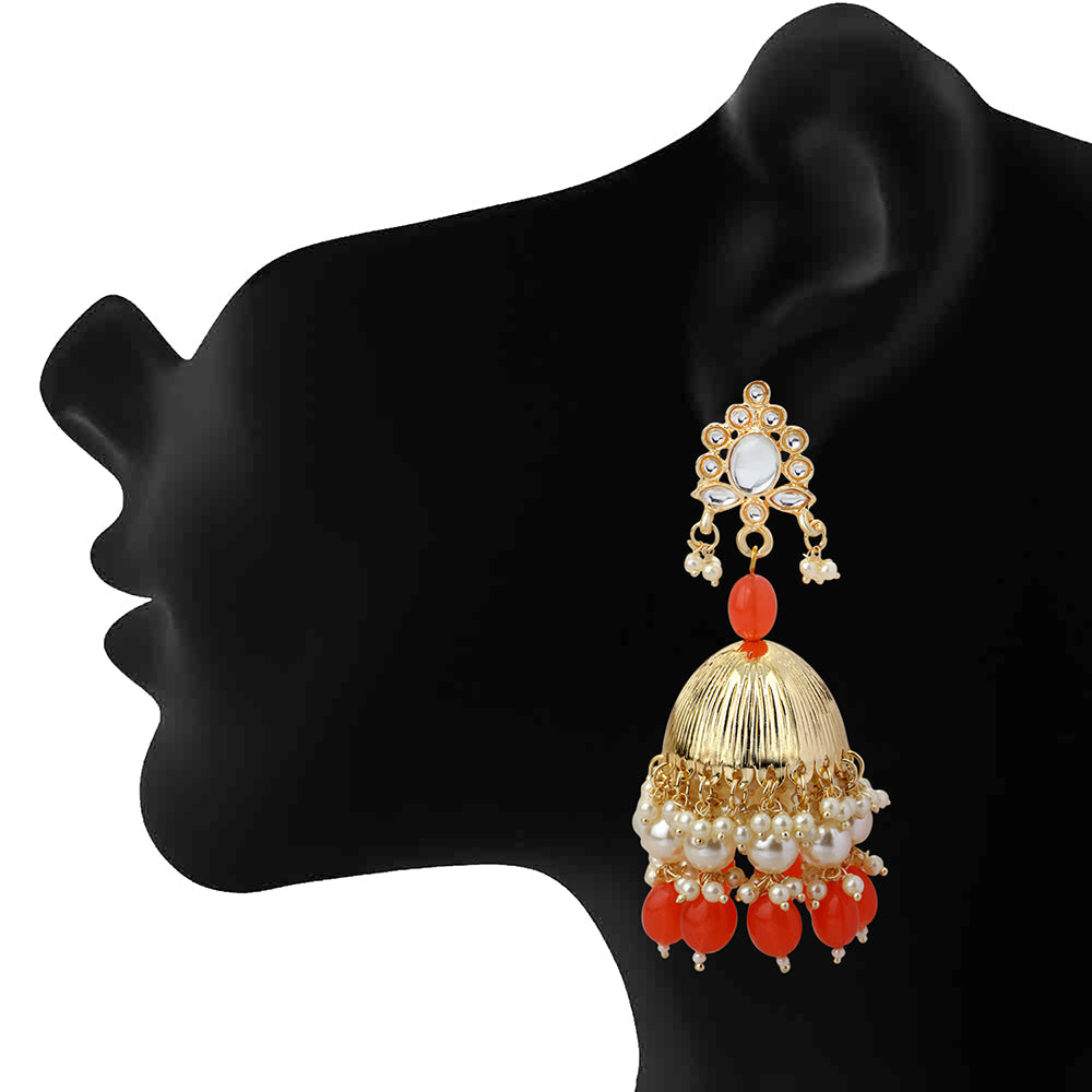 Mahi Gold Plated Orange and White Artificial Pearls Traditiol Indian Jhumka Earring for Women (ER1109815GOrg)