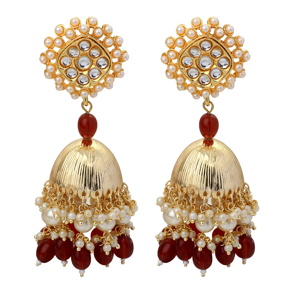 Mahi Gold Plated Maroon and White Artificial Pearls Indian Traditiol Ethnic Jhumka Earring for Women (ER1109817GMar)