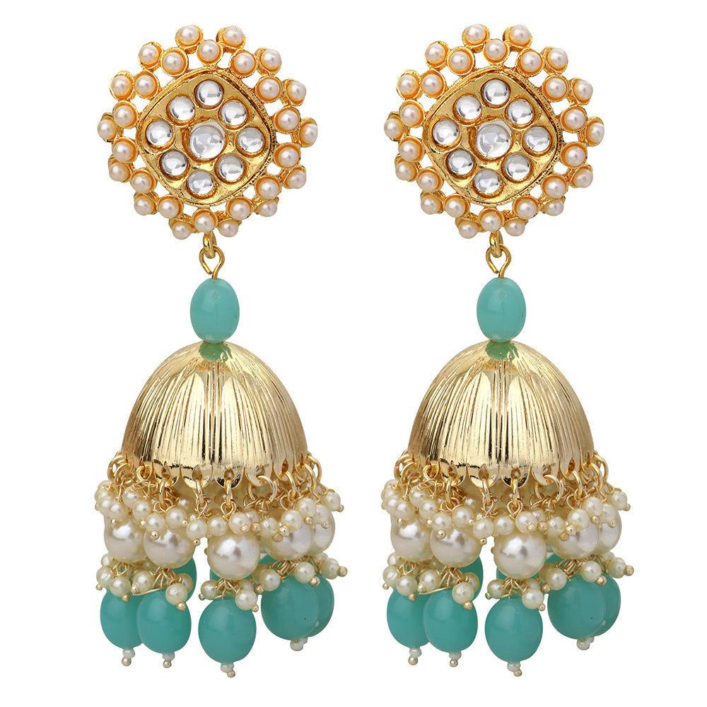 Mahi Gold Plated Aqua Blue and White Artificial Pearls Indian Traditiol Ethnic Jhumka Earring for Women (ER1109818GABlu)