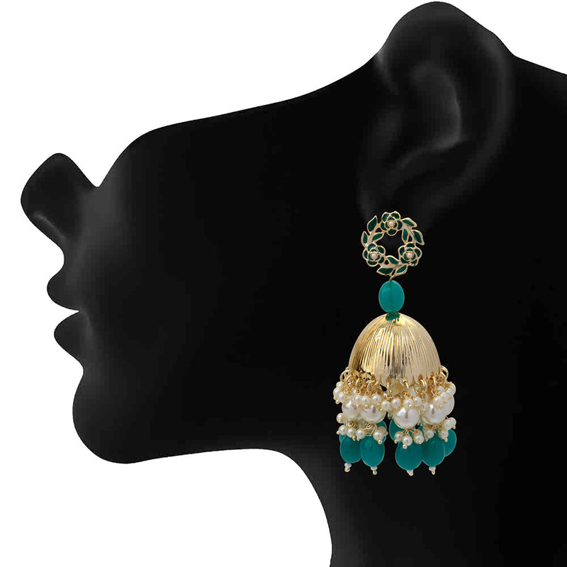 Mahi Beautifully Dark Green Emelled Pearl Drop Ethnic Floral Jhumka Earring for Women (ER1109819GDGre)