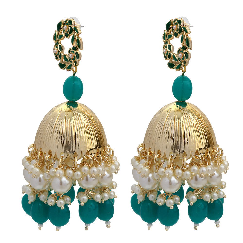 Mahi Beautifully Dark Green Emelled Pearl Drop Ethnic Floral Jhumka Earring for Women (ER1109819GDGre)