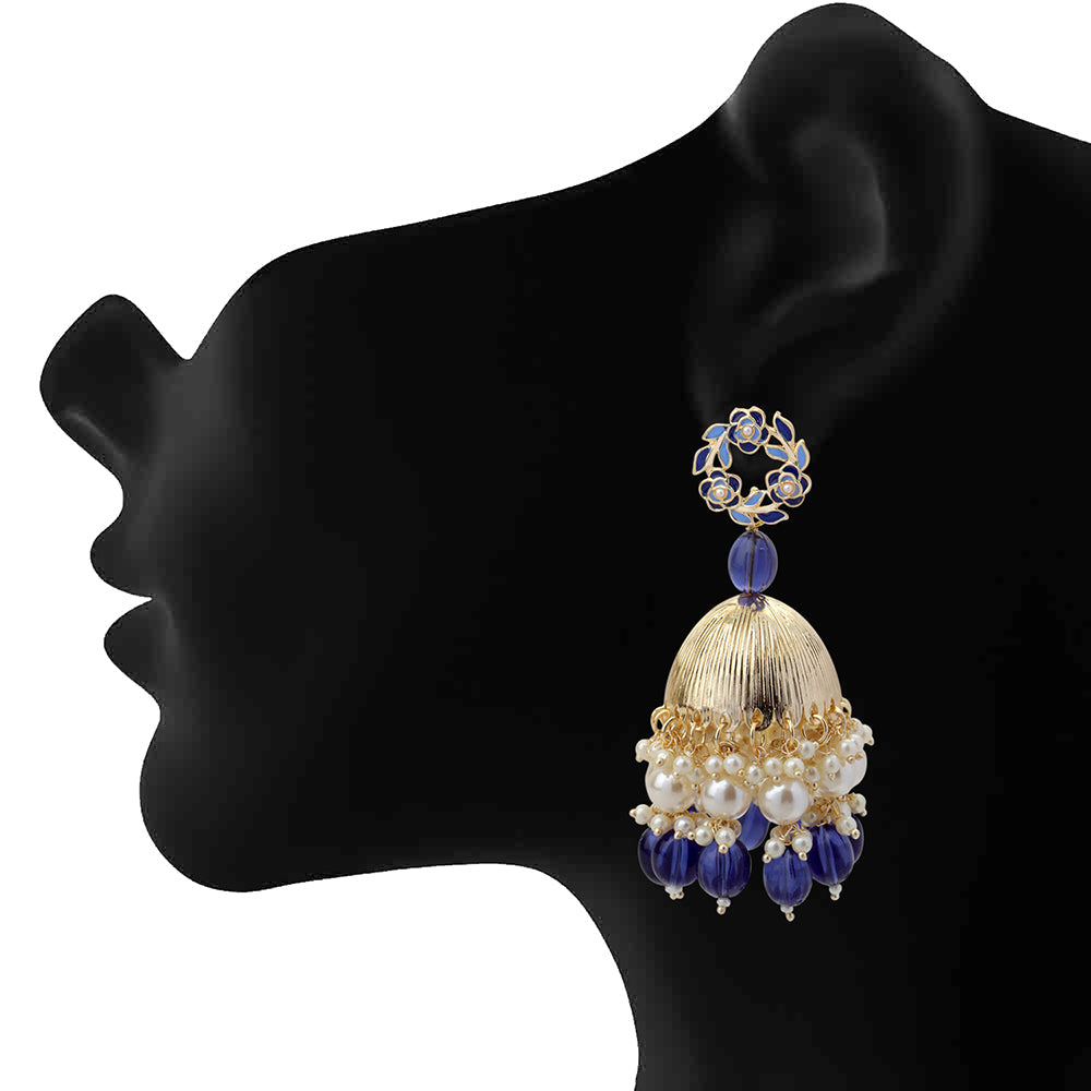 Mahi Beautifully Dark Blue Emelled Pearl Drop Ethnic Floral Jhumka Earring for Women (ER1109820GDBlu)