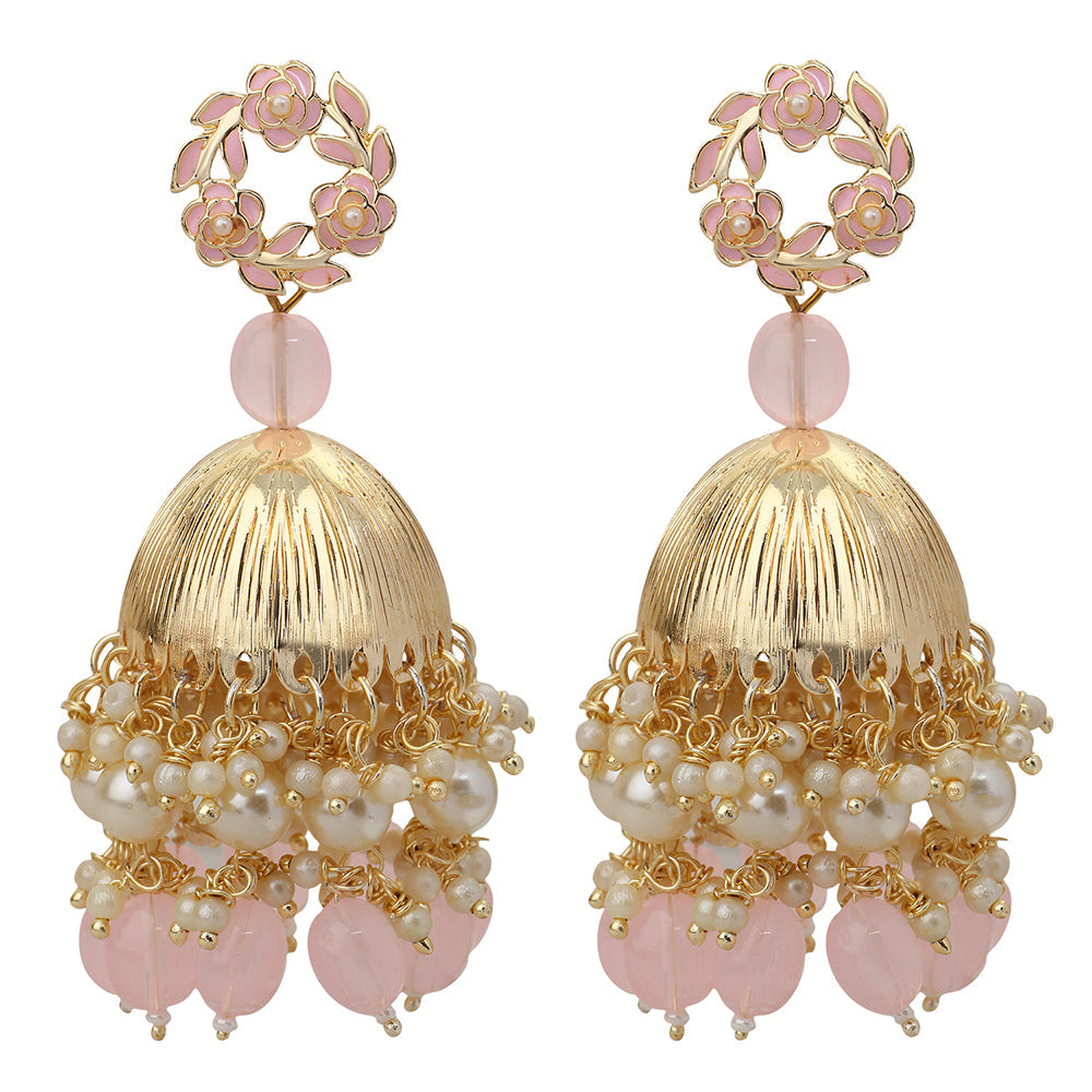 Mahi Beautifully Light Pink Emelled Pearl Drop Ethnic Floral Jhumka Earring for Women (ER1109821GLPin)