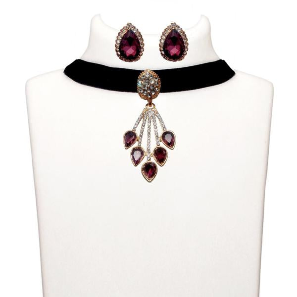 Jeweljunk Purple Stone Gold Plated Choker Necklace Set - 1108723A