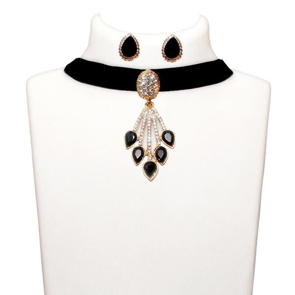 Jeweljunk Black Stone Gold Plated Choker Necklace Set - 1108723C