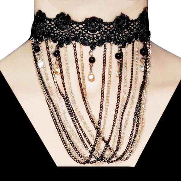 Jeweljunk Lace Gold Plated Multi Drop Chain Choker Necklace - 1108641