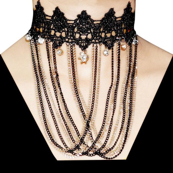 Jeweljunk Black Lace Gold Plated Multi Chain Choker Necklace - 1108643