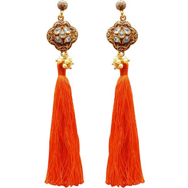 Jeweljunk Gold Plated Kundan Pearl Orange Thread Earring - 1311414A