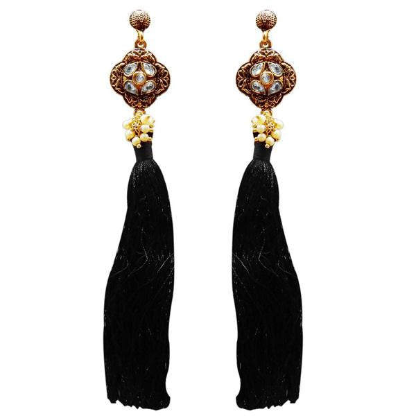 Tip Top Fashions Gold Plated Kundan Pearl Black Thread Earring - 1311414C