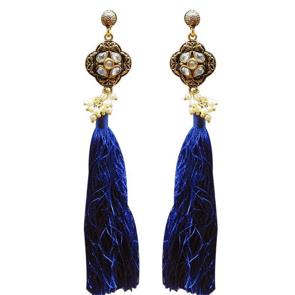 Tip Top Fashions Gold Plated Kundan Pearl Blue Thread Earring - 1311414E