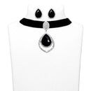 Jeweljunk Black Stone Silver Plated Choker Necklace Set - 1108703C