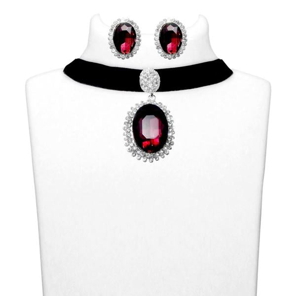 Tip Top Fashions Purple Stone Silver Plated Choker Necklace Set - 1108704A