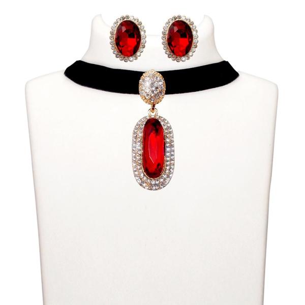 Jeweljunk Red Stone Gold Plated Choker Necklace Set - 1108721B