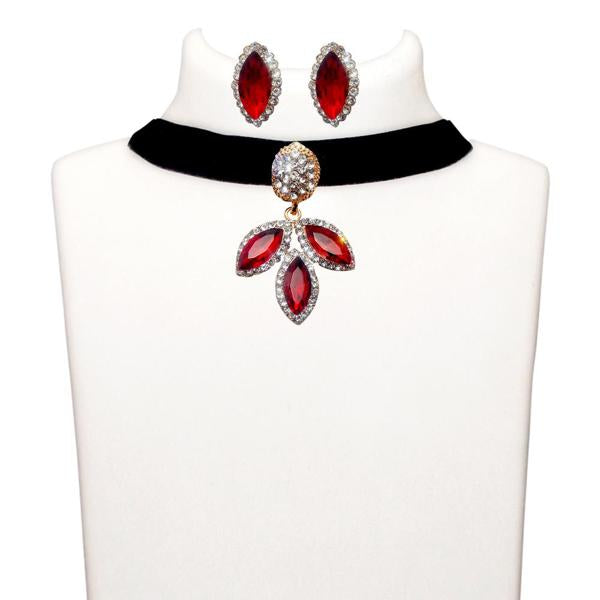 Tip Top Fashions Red Stone Gold Plated Choker Necklace Set - 1108724B