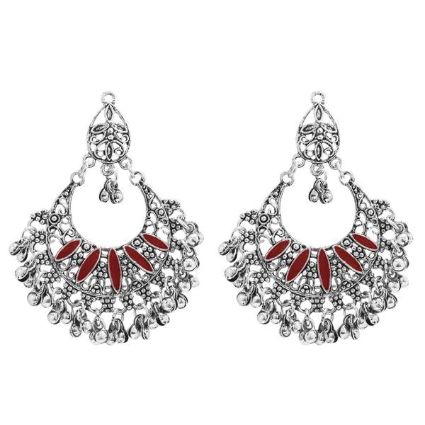 Jeweljunk Maroon Meenakari Rhodium Plated Afghani Earrings - 1311029C