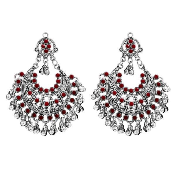 Jeweljunk Maroon Pota Stone Rhodium Plated Afghani Earrings - 1311030B