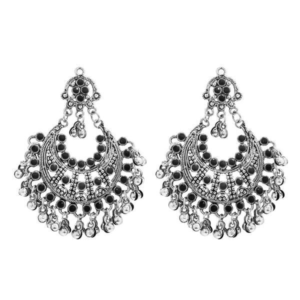 Jeweljunk Black Pota Stone Rhodium Plated Afghani Earrings - 1311030C
