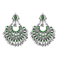 Jeweljunk Green Pota Stone Rhodium Plated Afghani Earrings - 1311030D