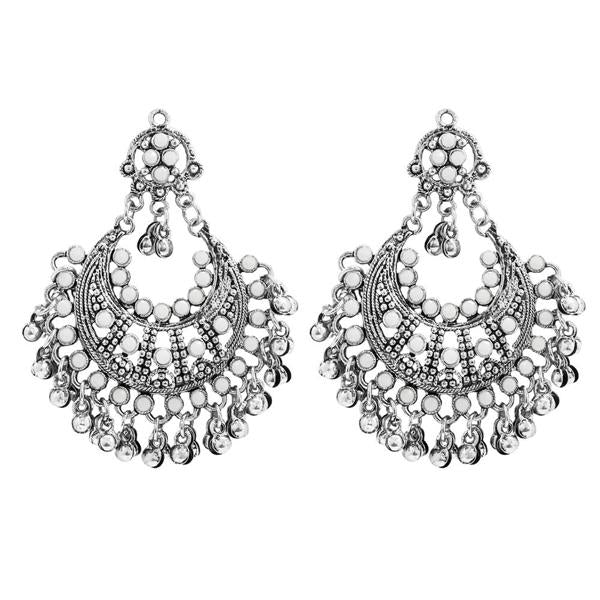Jeweljunk White Pota Stone Rhodium Plated Afghani Earrings - 1311030E