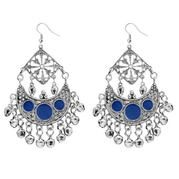 Jeweljunk Blue Meenakari Rhodium Plated Afghani Earrings - 1311034B