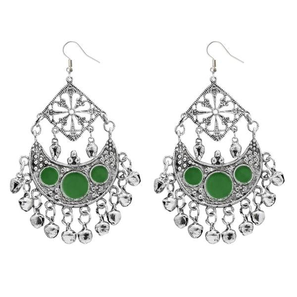 Jeweljunk Green Meenakari Rhodium Plated Afghani Earrings - 1311034D