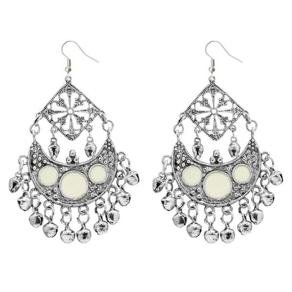 Jeweljunk White Meenakari Rhodium Plated Afghani Earrings - 1311034E