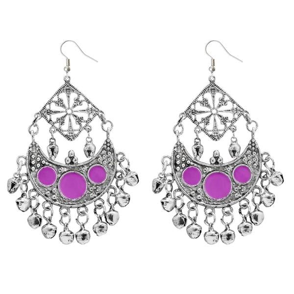 Jeweljunk Purple Meenakari Rhodium Plated Afghani Earrings - 1311034I