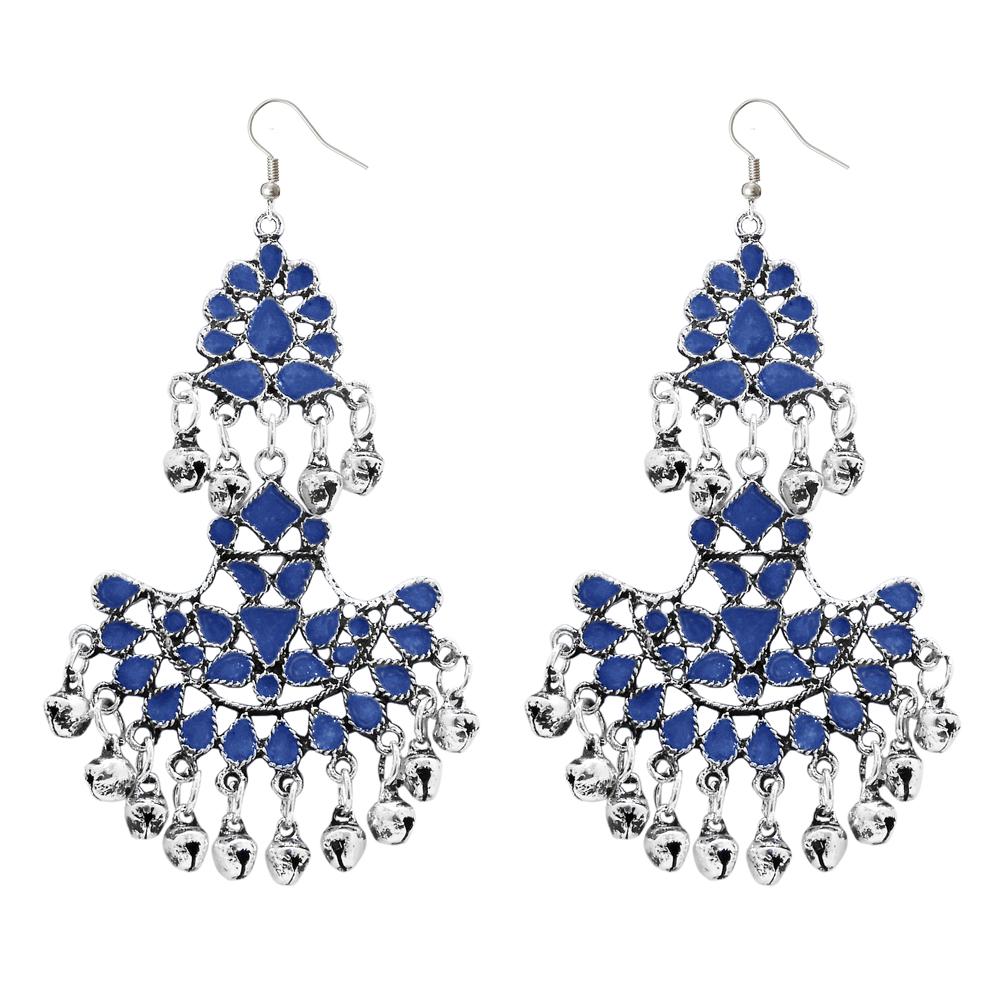 Jeweljunk Blue Meenakari Rhodium Plated Afghani Earrings - 1311039B