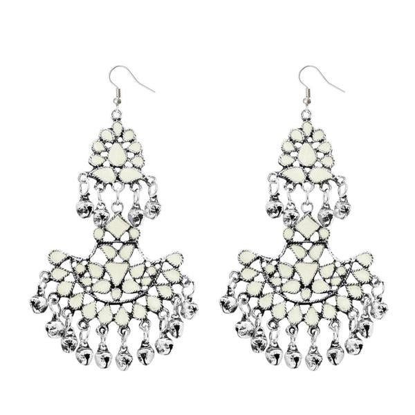 Jeweljunk White Meenakari Rhodium Plated Afghani Earrings - 1311039E
