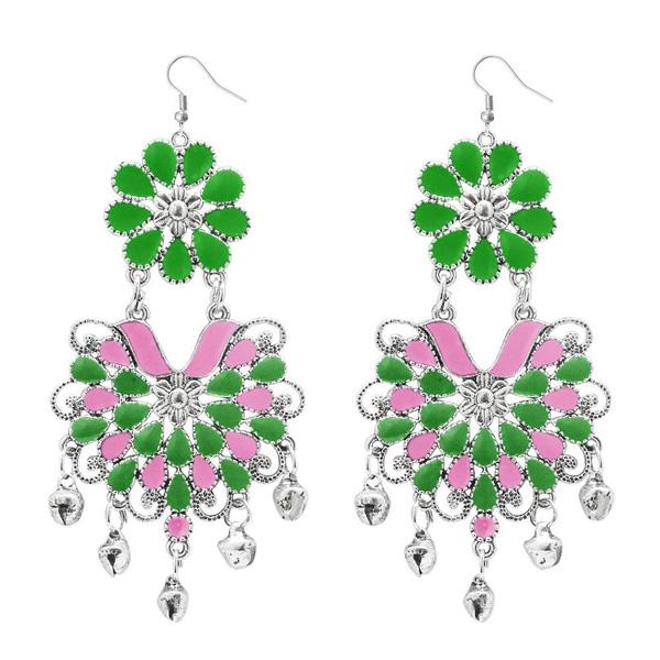 Tip Top Fashions Green & Pink Meenakari Afghani Earrings - 1311063E