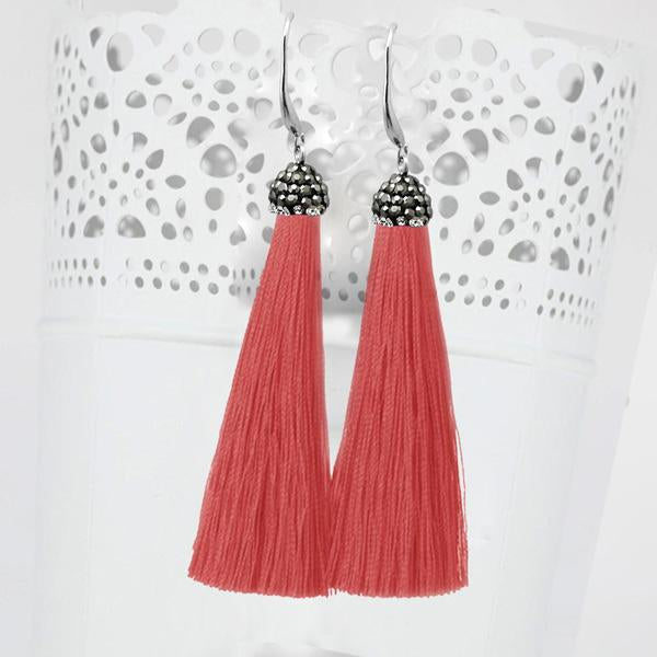 Jeweljunk Rhodium Plated Stone & Red Thread Earrings - 1310932B