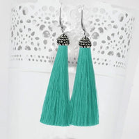 Jeweljunk Rhodium Plated Stone & Green Thread Tassel Earring - 1310932D