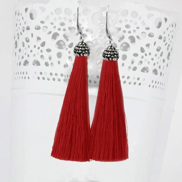 Jeweljunk Stone & Red Thread Rhodium Plated Tassel Earrings - 1310932O