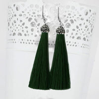 Jeweljunk Rhodium Plated Stone & Green Thread Tassel Earring - 1310932P